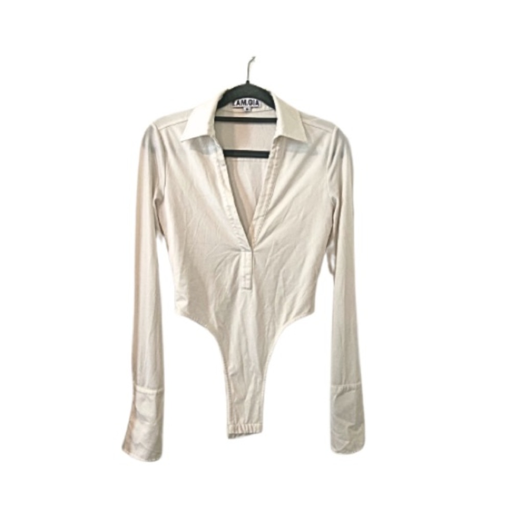 I Am Gia size S long sleeve deep v collared white bodysuit flare sleeve EUC